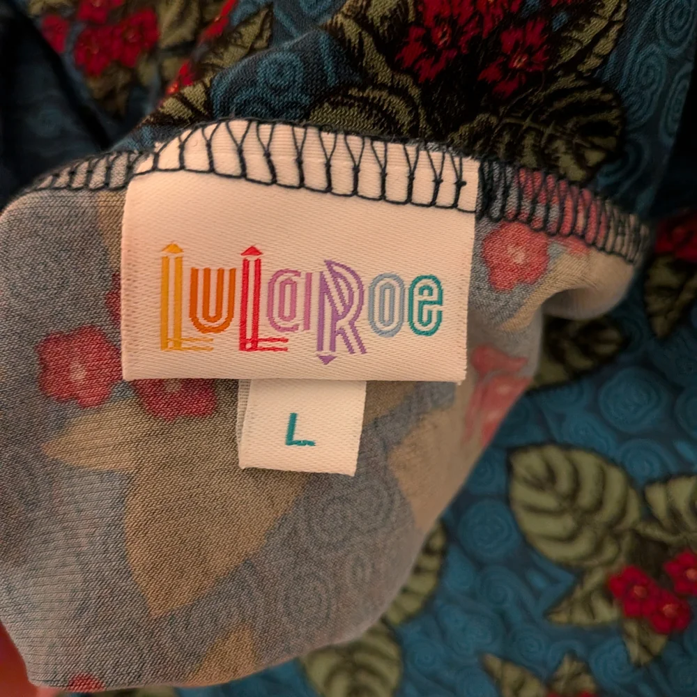 LuLaRoe A-Line Skirt with Red and Green Floral on Blue - Picture 2 of 3